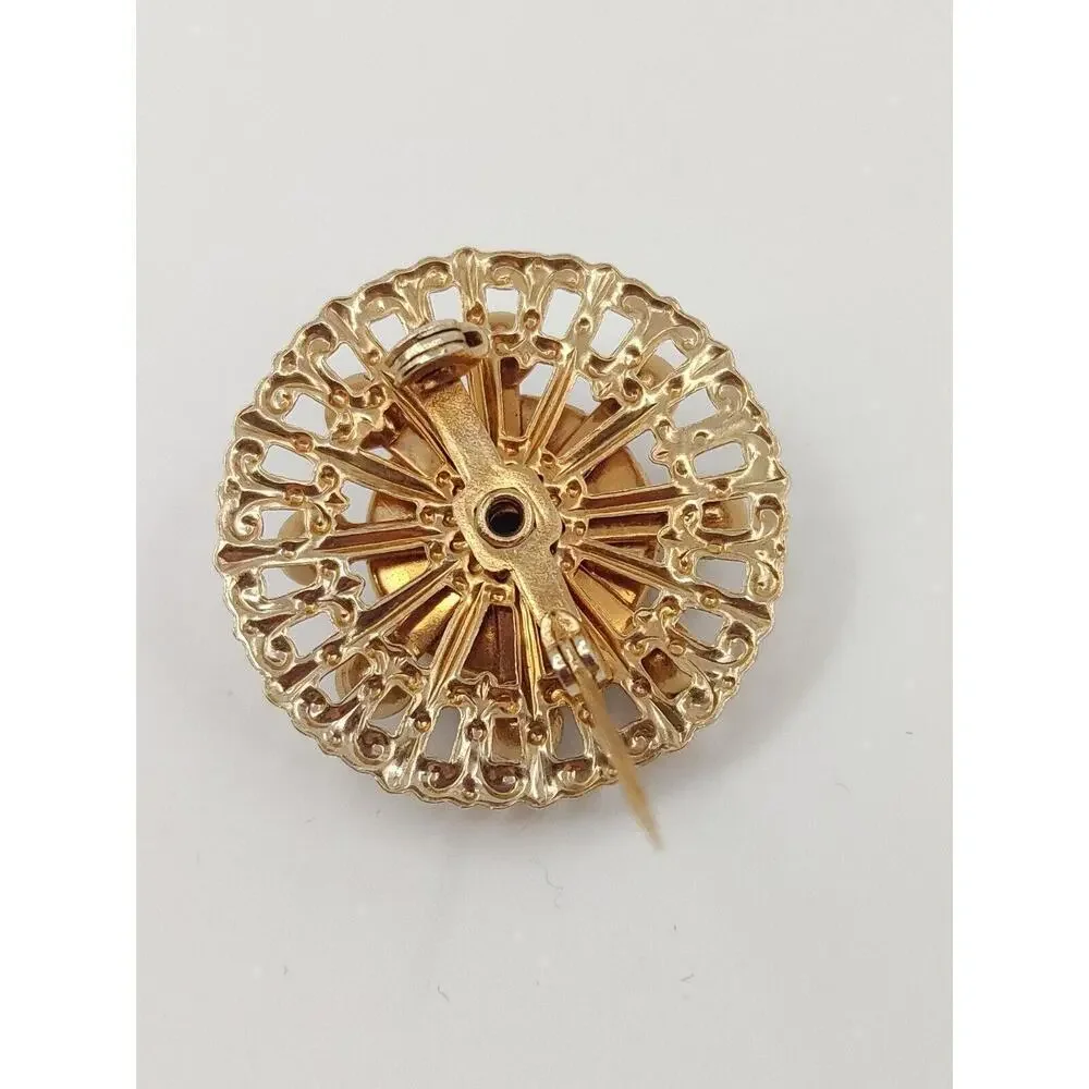 Vintage Flower‎ Brooch Pin Black Gold-Tone Rhinestone Victorian